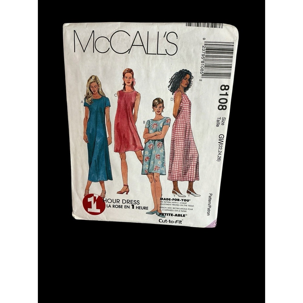 McCall's 8108 1 Hour Dress Sewing Pattern - Misses Size GW (22, 24, 26) Uncut!